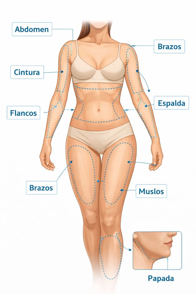 Áreas de liposucción marcadas en el cuerpo